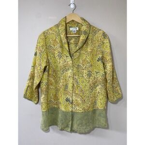 Citron Textured Silk Top Womens MEDIUM Yellow Paisley Collared Button Front‎